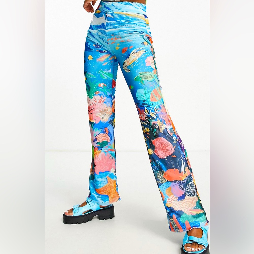 ASOS Easy Tiger high waist flare mesh pants in fish print Sz XXL (12-14) NWT